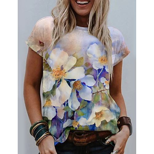 

Women's T shirt Graphic Floral Print Round Neck Tops Basic Basic Top White Blue Green