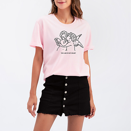 

Women's T shirt Graphic Letter Print Round Neck Tops Cotton Basic Basic Top White Black Purple