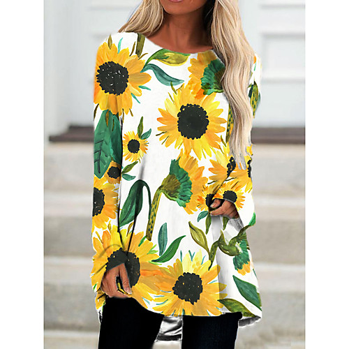 

Women's T Shirt Dress Tee Dress Short Mini Dress Black Yellow Long Sleeve Floral Print Spring Summer Round Neck Casual 2021 S M L XL XXL 3XL