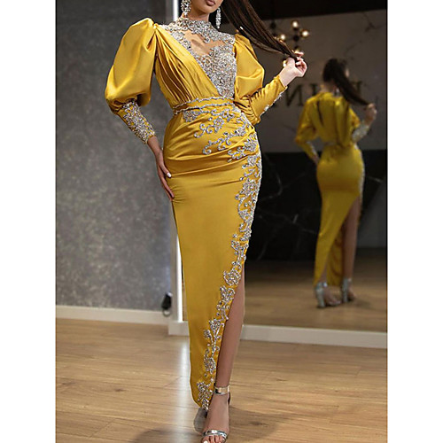 

Women's Sheath Dress Maxi long Dress Yellow Long Sleeve Solid Color Split Fall Summer Round Neck Elegant Casual 2021 S M L XL XXL XXXL