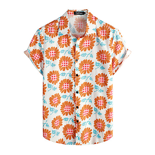 

Men's Shirt Floral Short Sleeve Daily Tops 100% Cotton Basic Boho White