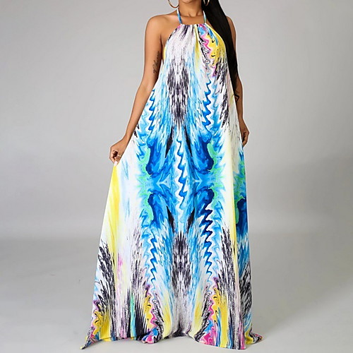

Women's Swing Dress Maxi long Dress Sky Blue Sleeveless Floral Backless Print Summer Halter Neck Elegant 2021 S M L XL