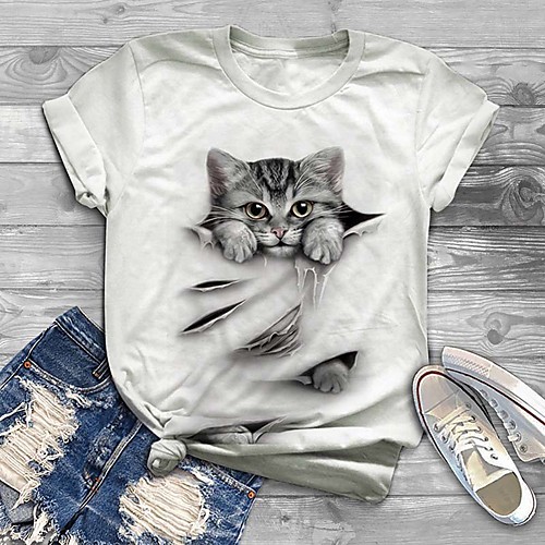

Women's Plus Size Print Cat Graphic 3D T shirt Large Size Crewneck Short Sleeve Basic Tops XL XXL 3XL White Black Big Size