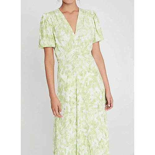 

A-Line Color Block Reformation Amante Holiday Party Wear Dress V Neck Short Sleeve Tea Length Chiffon with Pleats Pattern / Print 2021