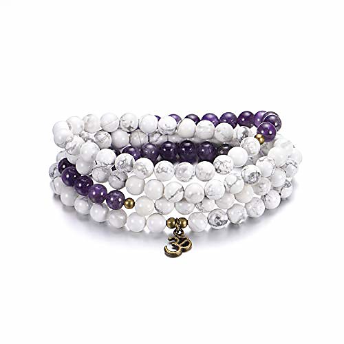

sunflower jewellery 8mm 108 mala beads wrap bracelet necklace for yoga charm bracelet natural stone jewelry for women men (white turquoise and amethyst)