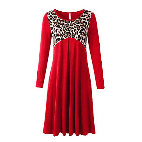 

yobato midi dress for women long sleeve leopard print splicing pleated casual swing dresses knee length with pocket, red l