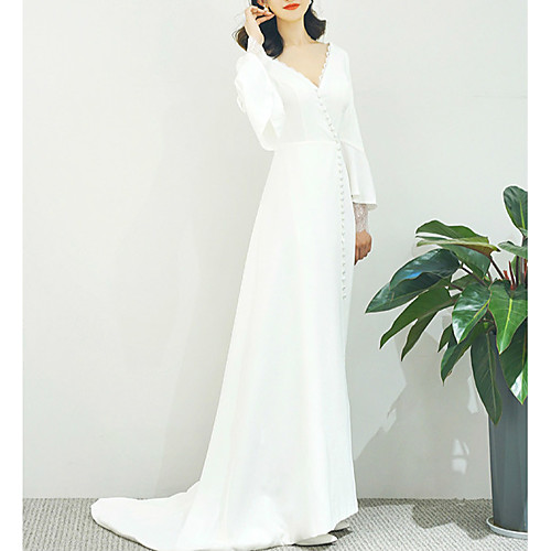 

Sheath / Column Wedding Dresses V Neck Sweep / Brush Train Stretch Fabric Long Sleeve Country Simple Little White Dress with Buttons 2021