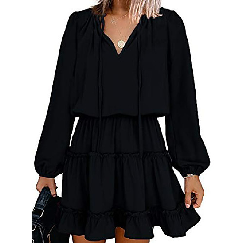 

Women Sexy V Neck Dresses Casual Ruffle Boho A line Shift Mini Dresses Party Beach Black M