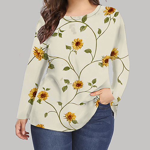 

Women's Plus Size Print Graphic Floral Daisy T shirt Large Size Crewneck Long Sleeve Tops XL XXL 3XL White khaki Big Size