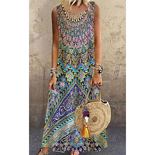 

Women's Shift Dress Maxi long Dress Blue Sleeveless Print Print Spring Summer Round Neck Casual 2021 S M L XL XXL 3XL 4XL 5XL