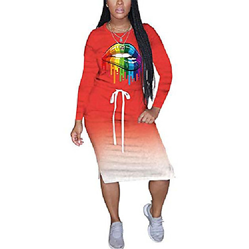 

women's long sleeve dresses rainbow lip print round neck gradient bodycon t shirt dress with pockets orange small