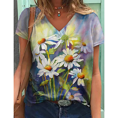 

Women's T shirt Graphic Floral Print V Neck Tops Basic Basic Top Blue Green Gray