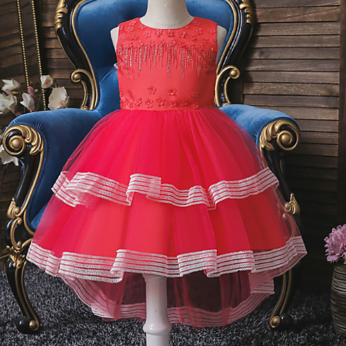 

Ball Gown Asymmetrical / Knee Length Wedding / Event / Party Flower Girl Dresses - Tulle / Polyester Sleeveless Jewel Neck with Tier / Bandage / Trim