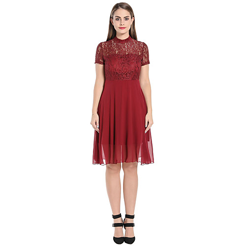 

A-Line Flirty Elegant Party Wear Cocktail Party Dress Illusion Neck Short Sleeve Knee Length Chiffon with Lace Insert 2021