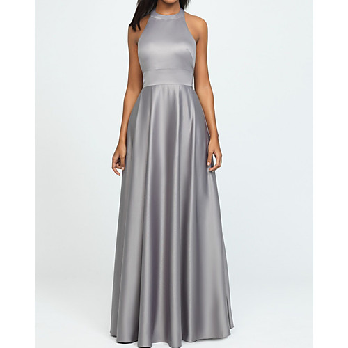 

A-Line Halter Neck Floor Length Satin Bridesmaid Dress with Pleats