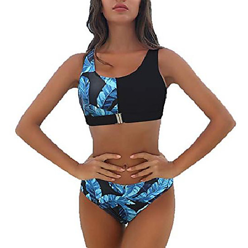 

mingnos women's metal buckle contrast printing sporty two pieces bikini swimsuit (blackblue leaves, s)