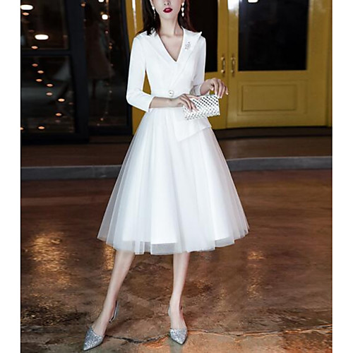 

A-Line Minimalist Elegant Wedding Guest Cocktail Party Dress Notch lapel collar 3/4 Length Sleeve Tea Length Tulle with Pleats Crystals 2021