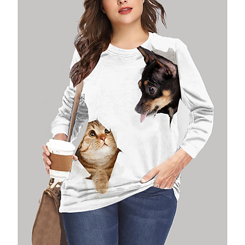 

Women's Plus Size Print Cat Graphic Animal T shirt Large Size Crewneck Long Sleeve Tops XL XXL 3XL White LightBlue Big Size