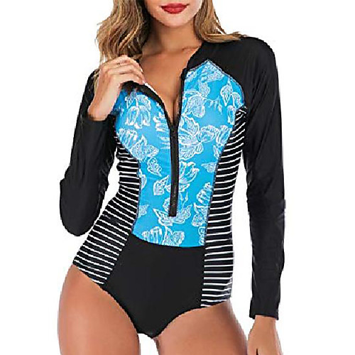 

women's zip front printed swimwear one piece long sleeve rash guard uv protection surfing swimsuit - blue - small