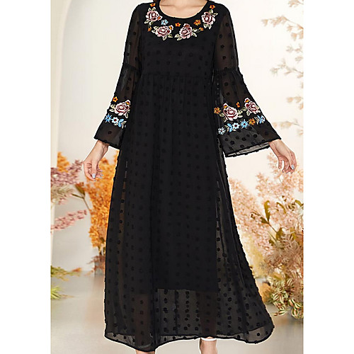 

Women's Kaftan Dress Maxi long Dress Black Long Sleeve Solid Color Patchwork Summer Round Neck Casual 2021 M L XL XXL 3XL 4XL