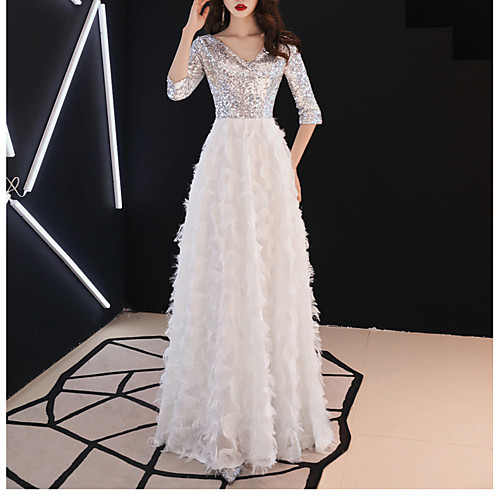 

A-Line V Neck Floor Length Sequined / Feather Bridesmaid Dress with Sash / Ribbon / Sequin