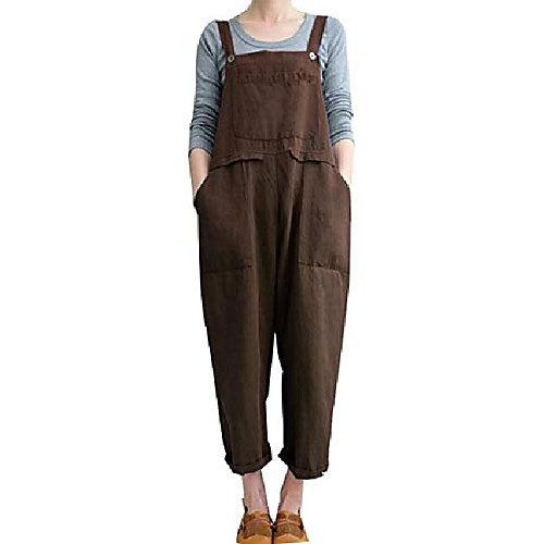 

yeokou women's linen wide leg baggy pure color jumpsuit rompers overalls harem pants(brown-xxl)