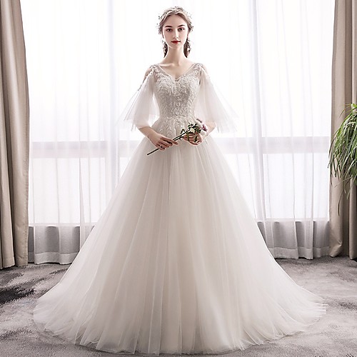 

Princess Ball Gown Wedding Dresses V Neck Sweep / Brush Train Lace Tulle Half Sleeve Country Formal Romantic with Appliques 2021