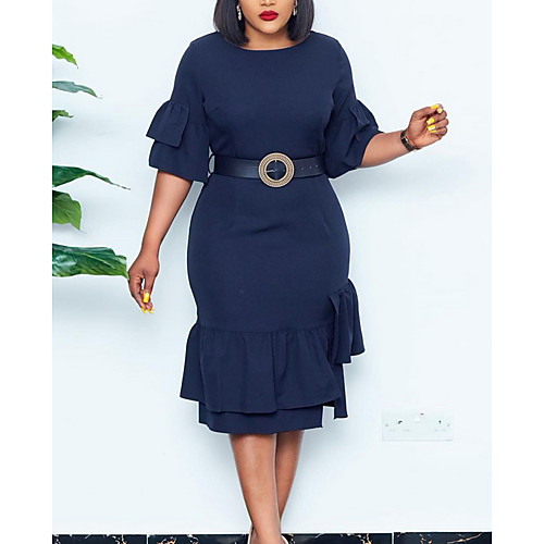 

Women's Plus Size Solid Color Ruffle Casual Half Sleeve Spring & Fall Knee Length Dress Sheath Dress Blue Red