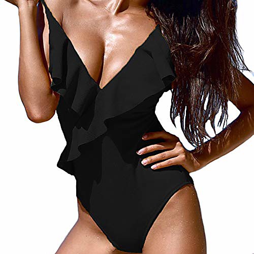 

one piece bathing suit for women solid flounce swimwear shoulder straps swimsuits (black, s)