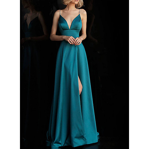 

A-Line V Neck Floor Length Satin Bridesmaid Dress with Pleats / Split Front