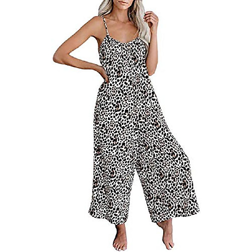 

Women's Spaghetti Strap Wide Leg JumpsuitsTie Dye Baggy Long Pants Romper (Leopard, L)