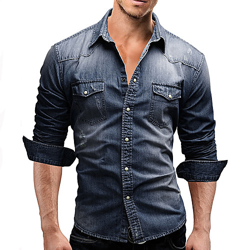 

Men's Shirt non-printing Solid Colored Denim Long Sleeve Casual Tops Light gray Dark Gray Navy Blue