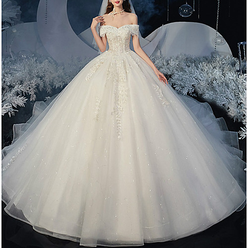 

Princess Ball Gown Wedding Dresses Off Shoulder Chapel Train Lace Tulle Short Sleeve Formal Romantic Luxurious Sparkle & Shine with Pleats Appliques 2021