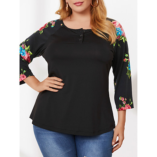 

Women's Plus Size Print Floral Blouse Large Size Crewneck Long Sleeve Streetwear Tops L XL XXL Black Big Size
