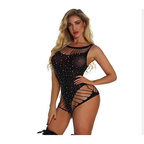 

Women's Mesh Print Bodysuits Nightwear Solid Colored Black One-Size