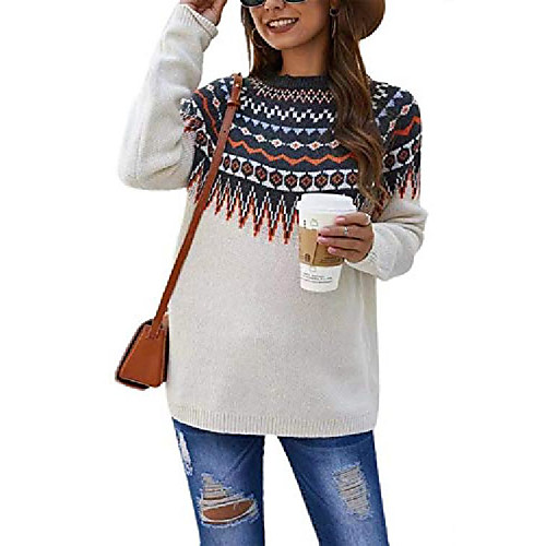 

chouyatou women's casual crewneck knitted fair isle print sweater pullover tops (x-large, white)