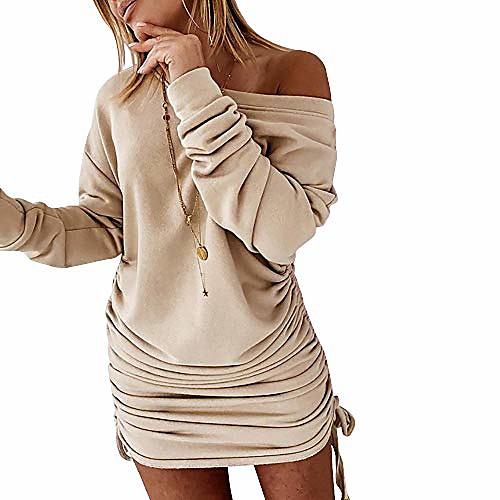 

Women's Off-Shoulder Dress Long Sleeve Pullover Drawstring Dress (Khaki,Small)