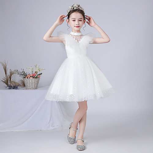 

Princess / Ball Gown Short / Mini Wedding / First Communion Flower Girl Dresses - Tulle Sleeveless High Neck with Appliques / Cascading Ruffles / Solid