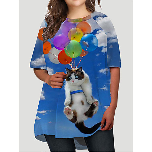 

Women's Plus Size Dresses T Shirt Dress Tee Dress Short Mini Dress Half Sleeve Cat Graphic Animal Print Basic Fall Blue XL XXL 3XL 4XL 5XL / Holiday