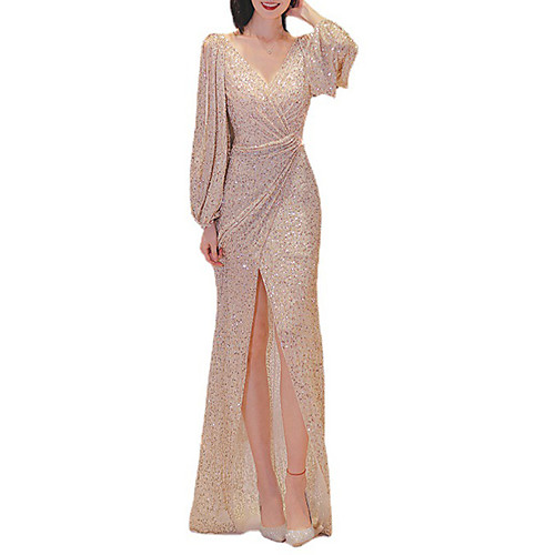 

Sheath / Column Sparkle Sexy Prom Formal Evening Dress V Neck Long Sleeve Floor Length Sequined with Sequin 2021