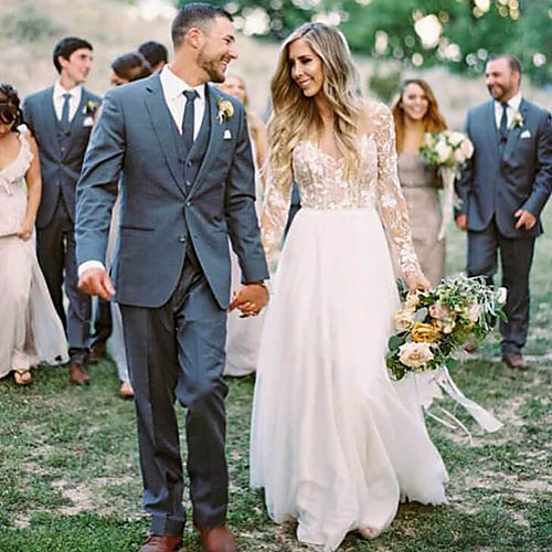

A-Line Wedding Dresses V Neck Sweep / Brush Train Polyester Long Sleeve Sexy Plus Size with Lace Embroidery 2021