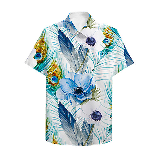 

Men's Shirt 3D Print Floral Graphic Prints Button-Down Print Short Sleeve Daily Tops Casual Hawaiian Light Blue