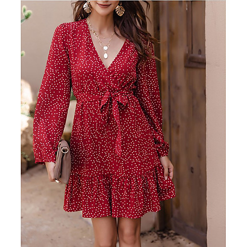 

Women's Chiffon Dress Knee Length Dress Red Long Sleeve Polka Dot Print Spring Summer V Neck Work 2021 S M L XL