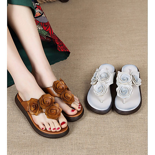 

Women's Slippers & Flip-Flops Leather Flower Solid Colored Dark Brown Beige