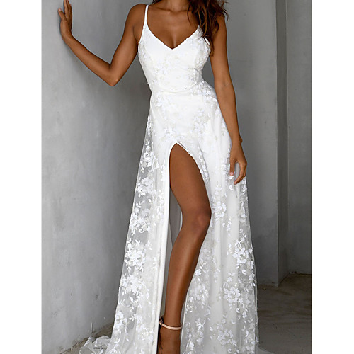 

Women's Swing Dress Maxi long Dress White Sleeveless Solid Color Backless Embroidered Split Spring Summer V Neck cold shoulder Sexy 2021 S M L XL
