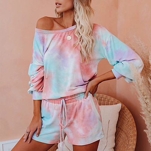 

Women's Basic Streetwear Tie Dye Daily Two Piece Set Tracksuit T shirt Loungewear Shorts Drawstring Tops