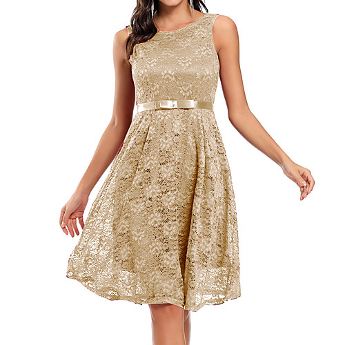

A-Line Elegant Vintage Party Wear Cocktail Party Dress Jewel Neck Sleeveless Knee Length Lace with Pleats 2021