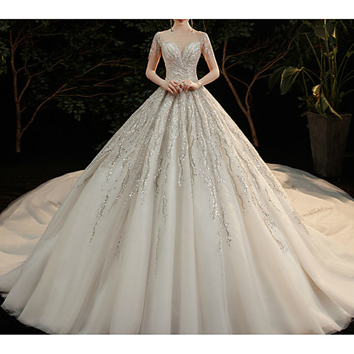 

Princess Ball Gown Wedding Dresses Jewel Neck Chapel Train Lace Tulle Sequined Short Sleeve Formal Romantic Luxurious Sparkle & Shine with Beading Sequin Appliques 2021