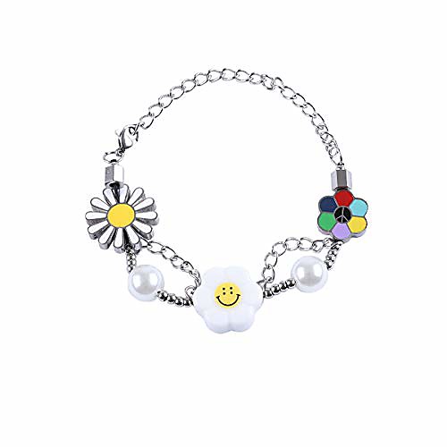 

unisex asap hip hop rapper rainbow colorful sunflowers smiley bracelets punk rock exquisite pearl stainless steel alloy chain