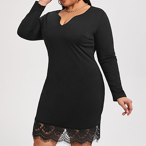 

Women's Solid Color Lace Sexy Long Sleeve Spring & Summer Knee Length Dress Sheath Dress Black